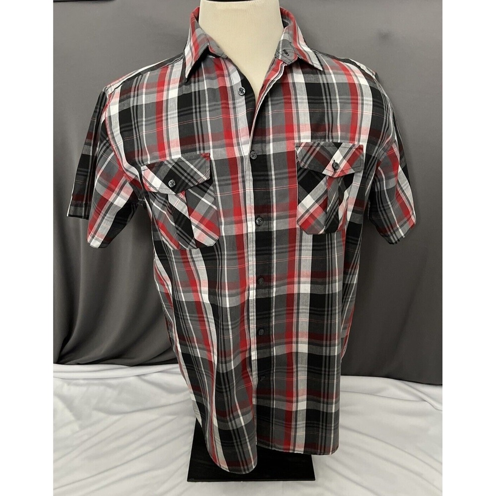 Beverly Hills Polo Club‎ Mens Shirt L Large Red/Black Plaid Short Sleeve Button